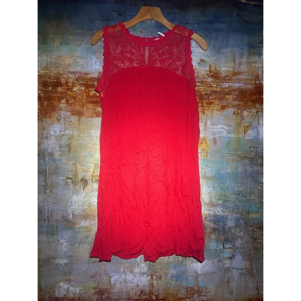 Blu Pepper Red Lace Yoke Sleeveless Shift BA5294 Large Boho Floral Trim
